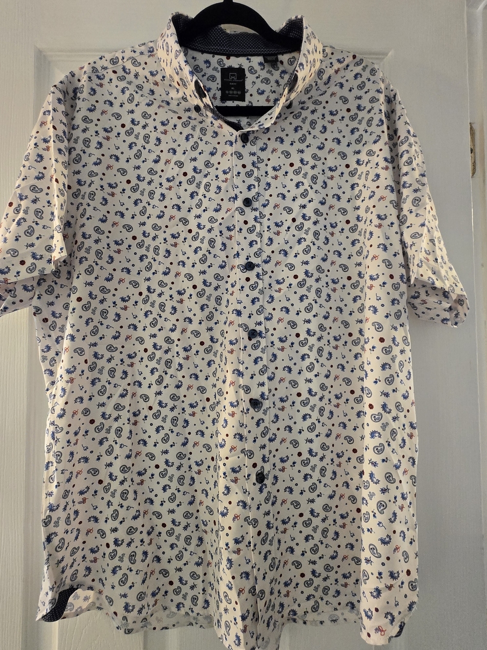 Short-Sleeve Paisley Button-Down Shirt in Cream and Blue